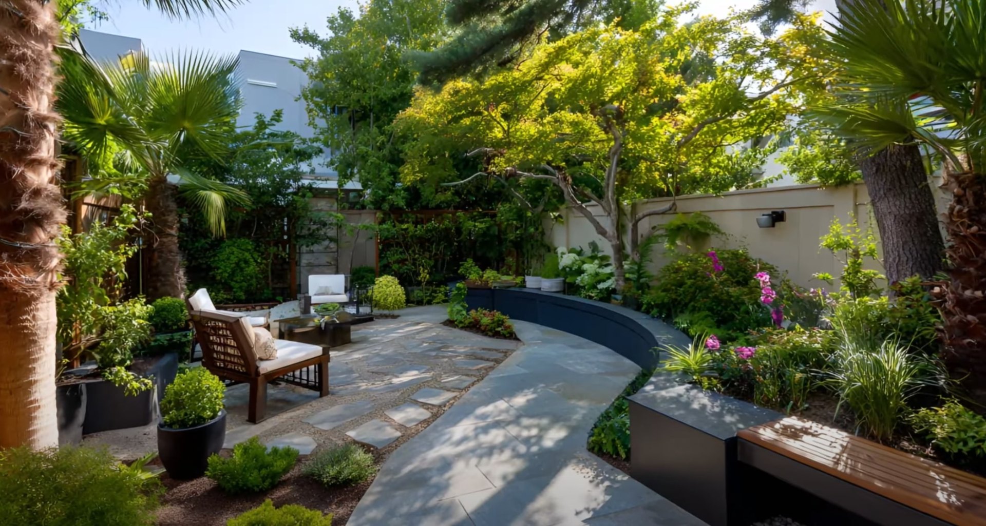 Modern landscape design with curved pathways and tropical plantings around a swimming pool