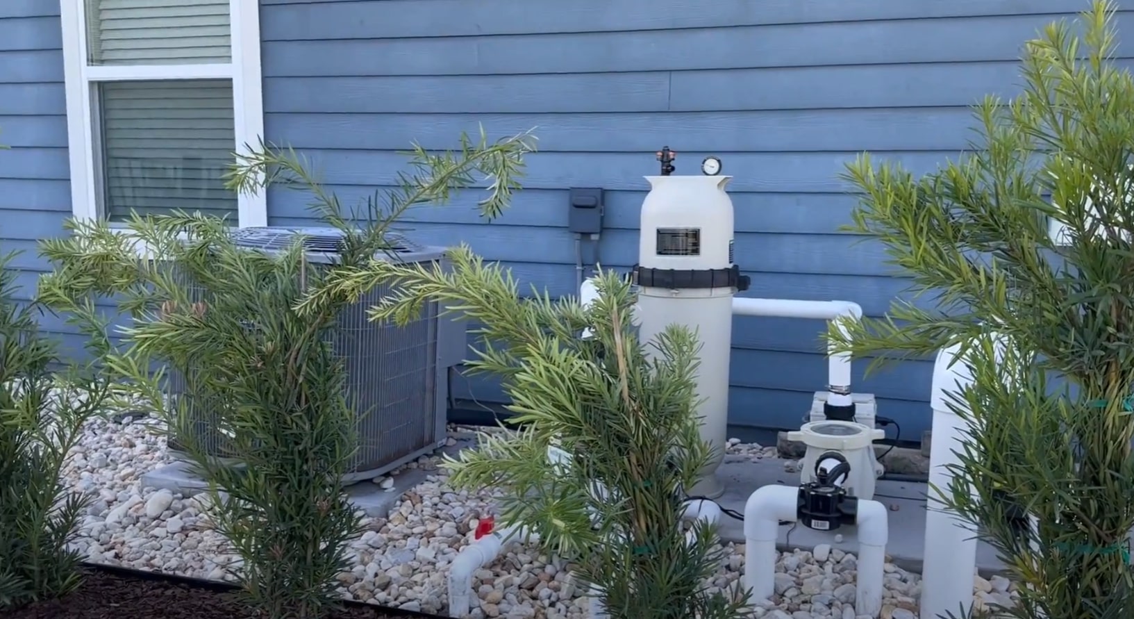 Pool Area Landscaping Pool equipment screening with tropical plants, decorative stones, and functional landscape solutions